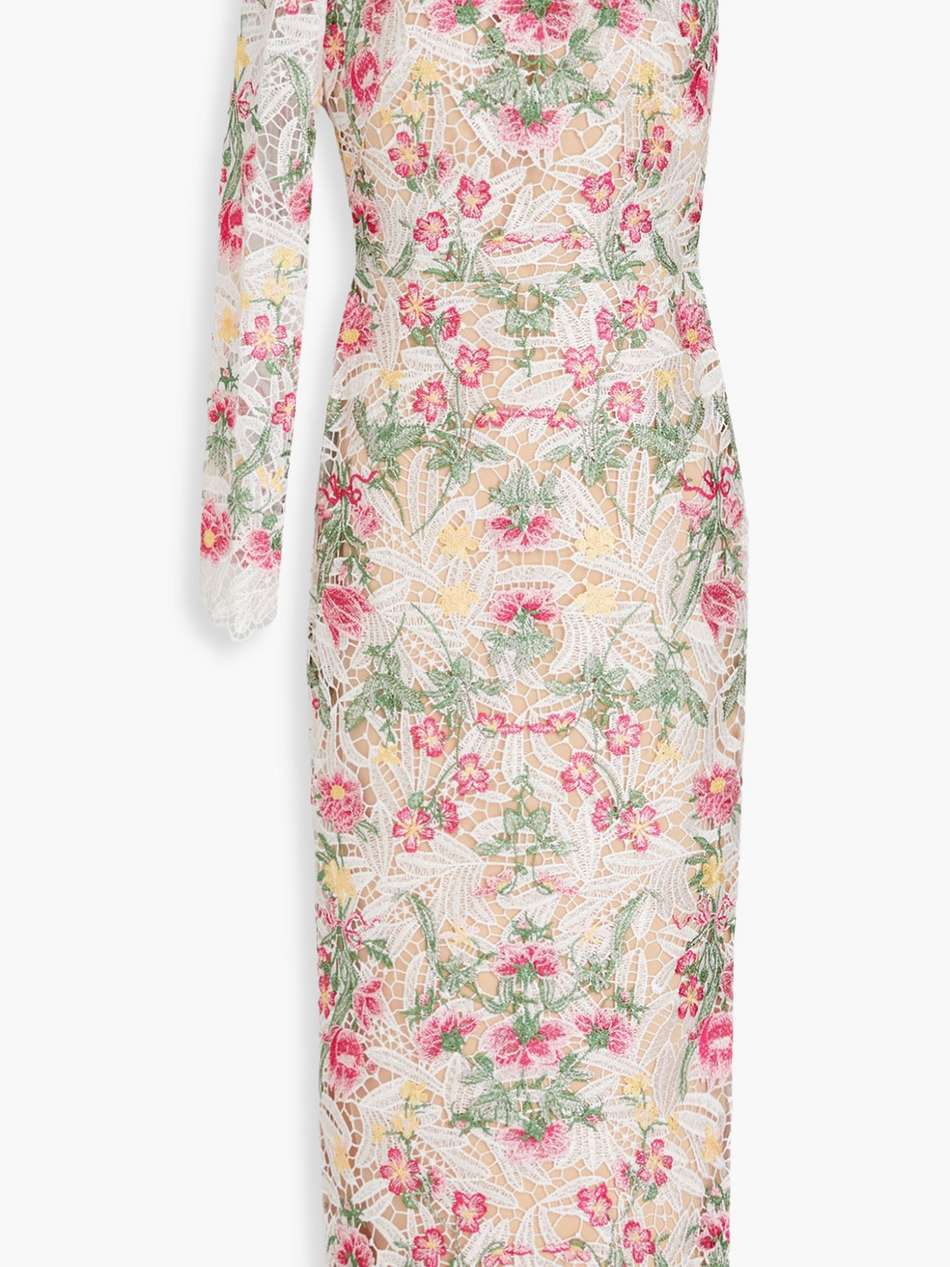 one-sleeve embroidered macramé lace midi dress