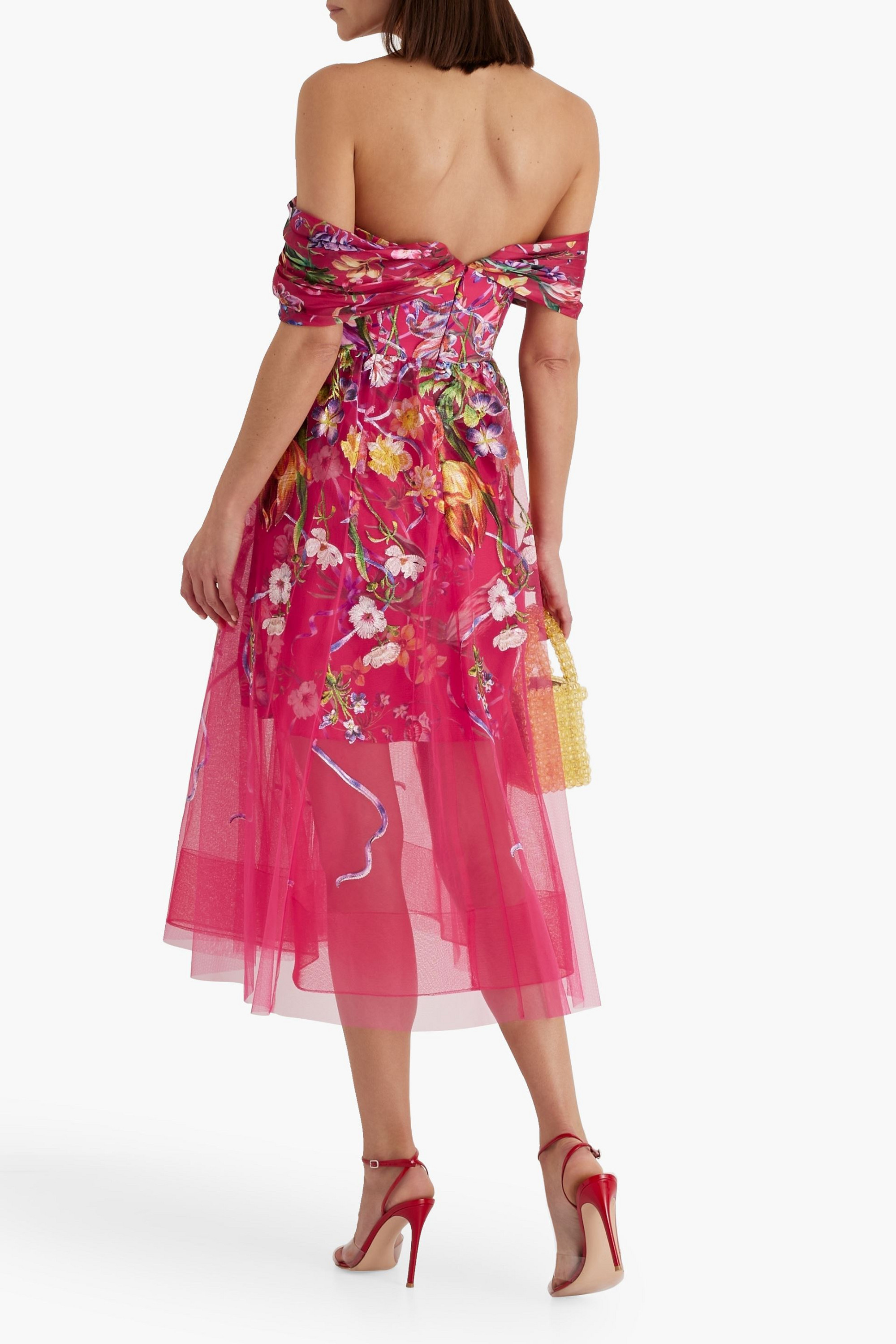 MARCHESA NOTTE - Off-the-shoulder embroidered charmeuse and tulle midi dress  | Plush
