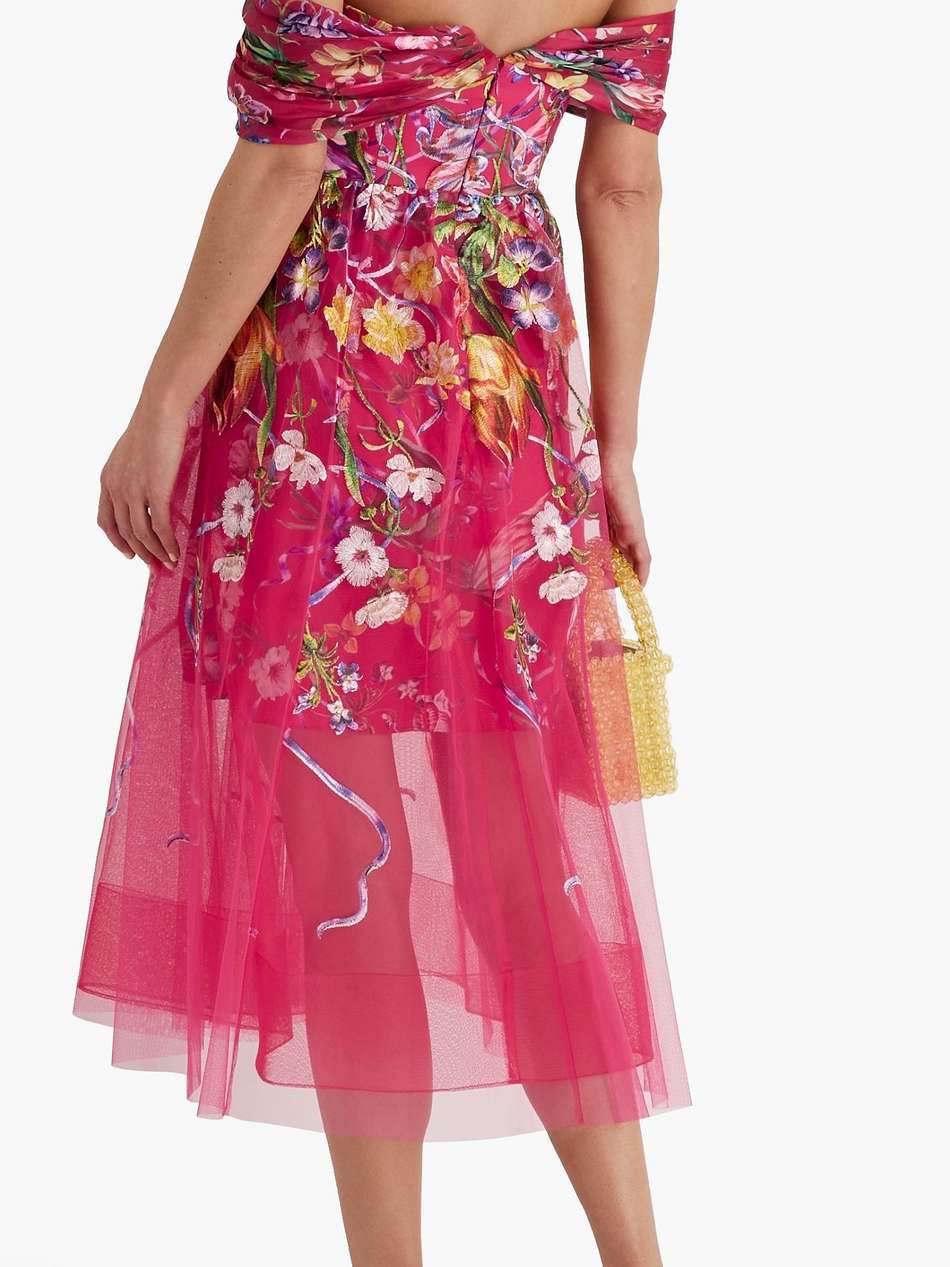 off-the-shoulder embroidered charmeuse and tulle midi dress