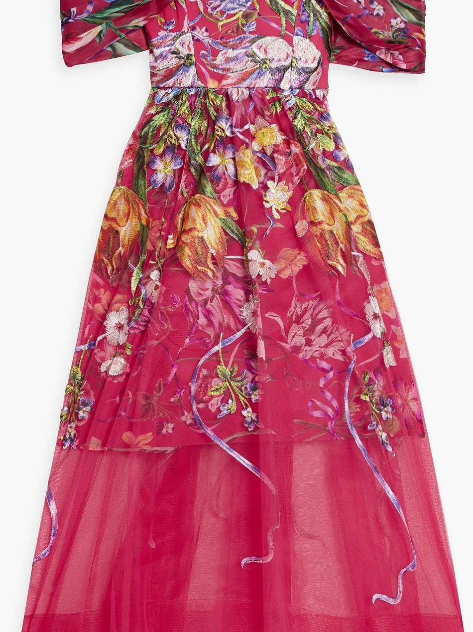 off-the-shoulder embroidered charmeuse and tulle midi dress