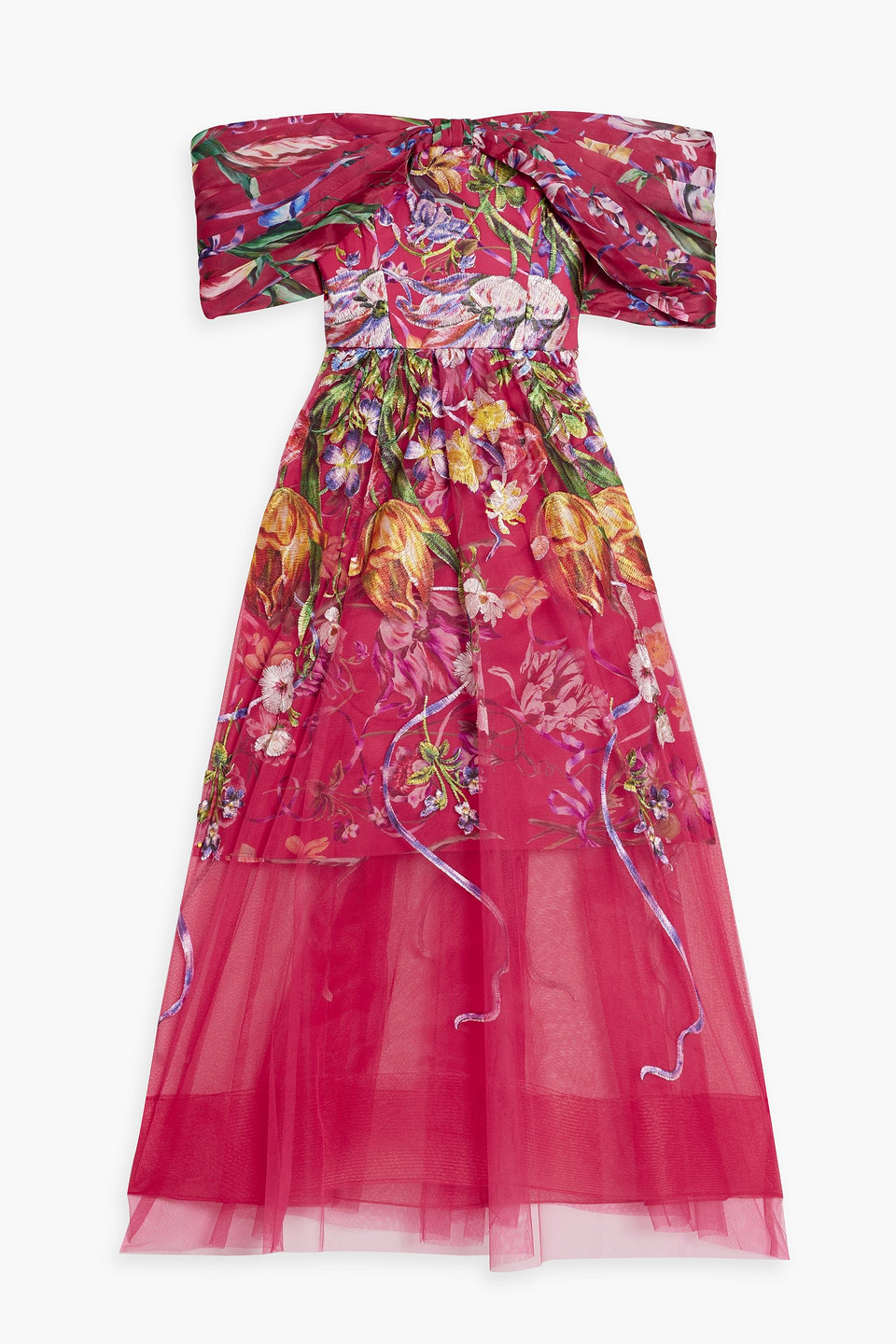 Off-the-shoulder embroidered charmeuse and tulle midi dress