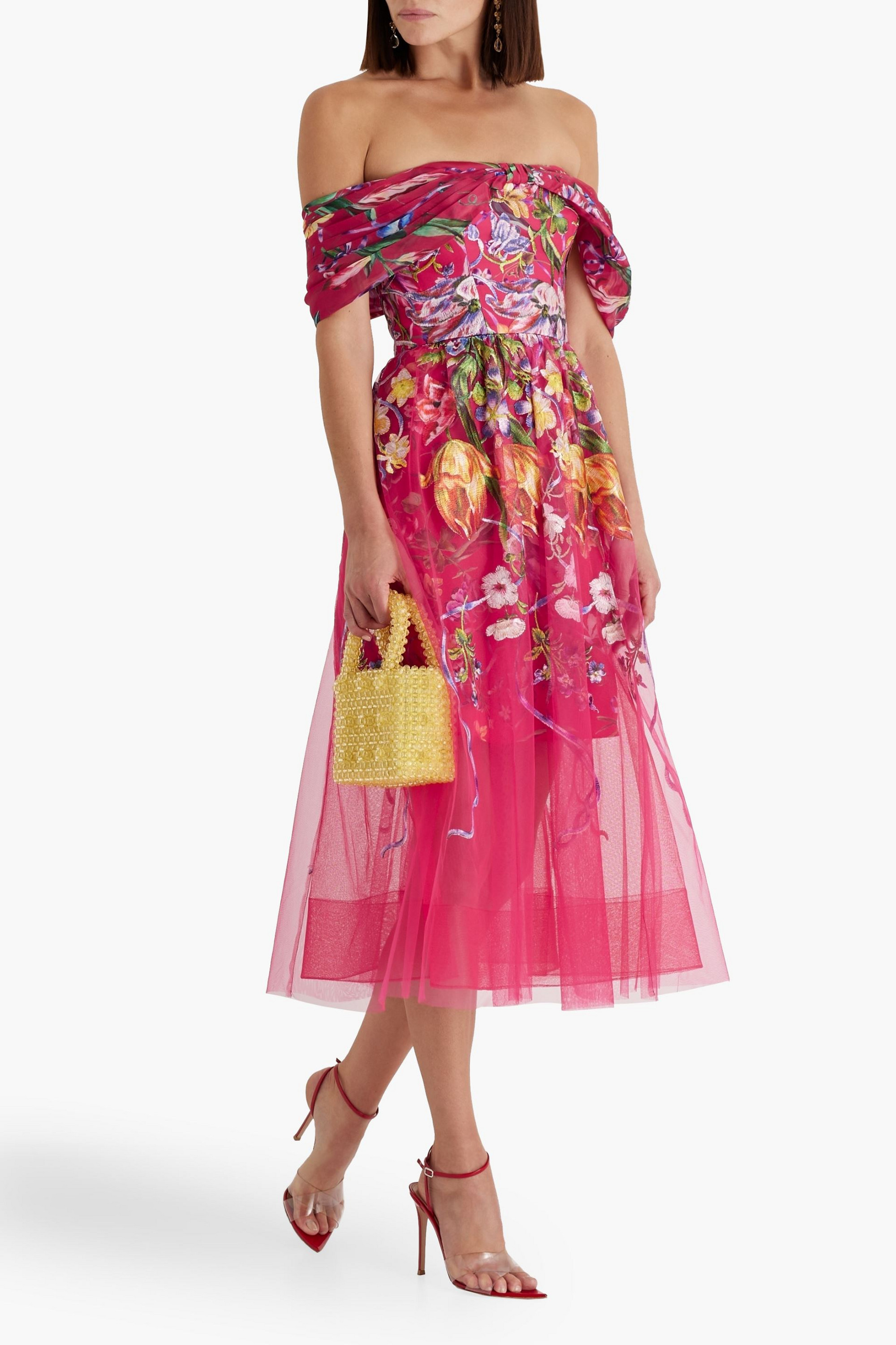MARCHESA NOTTE Off-the-shoulder embroidered charmeuse and tulle midi dress