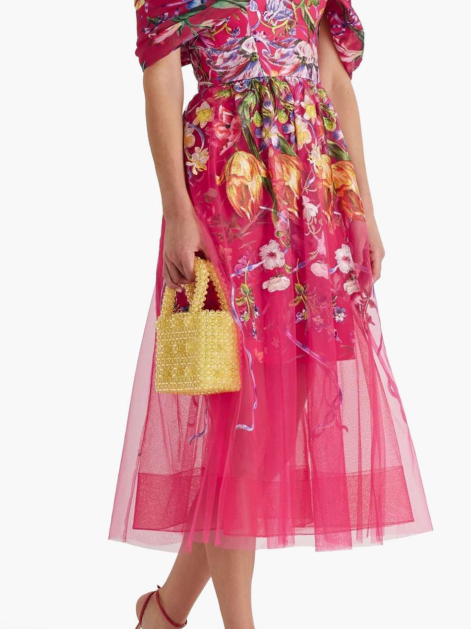 off-the-shoulder embroidered charmeuse and tulle midi dress
