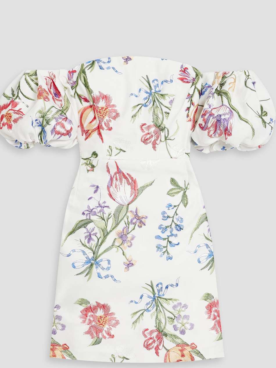 off-the-shoulder embroidered duchesse-satin mini dress
