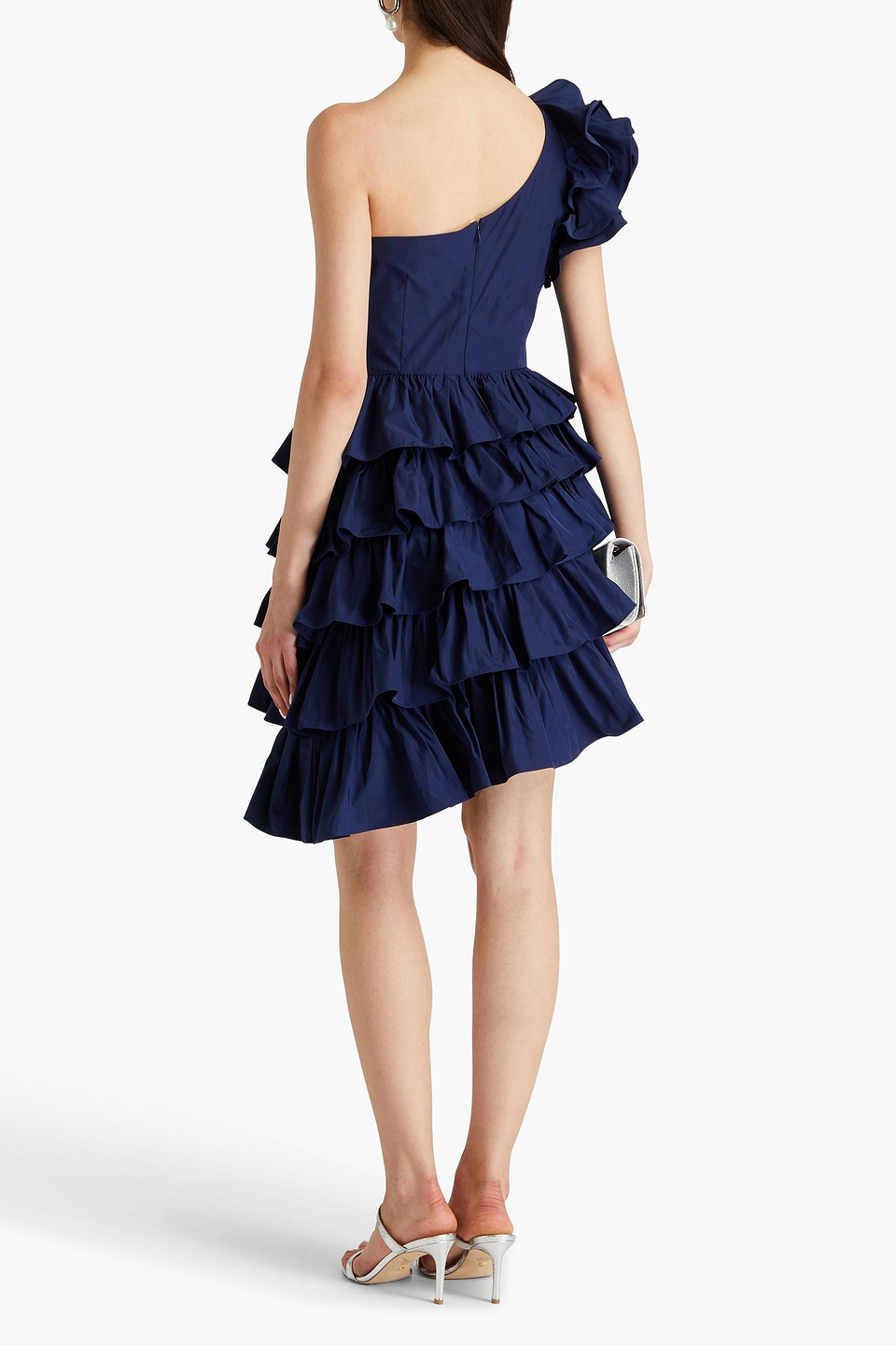 Shop Marchesa Notte One-shoulder Ruffled Taffeta Mini Dress In Navy