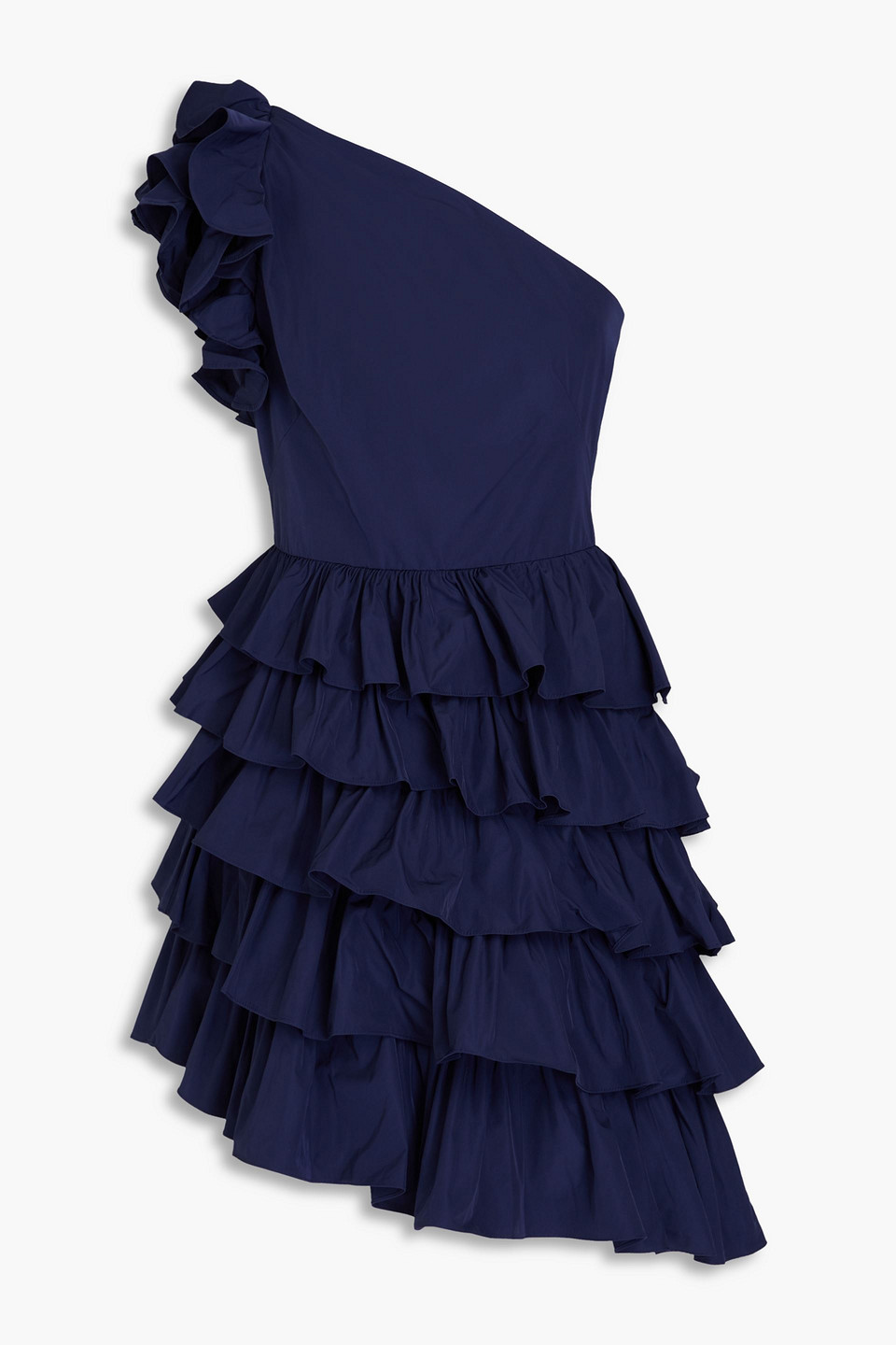 Marchesa Notte One-shoulder Ruffled Taffeta Mini Dress In Navy