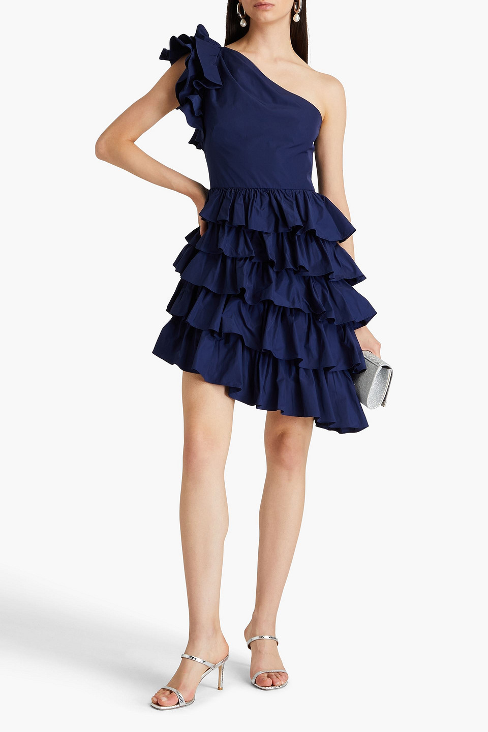 Shop Marchesa Notte One-shoulder Ruffled Taffeta Mini Dress In Navy