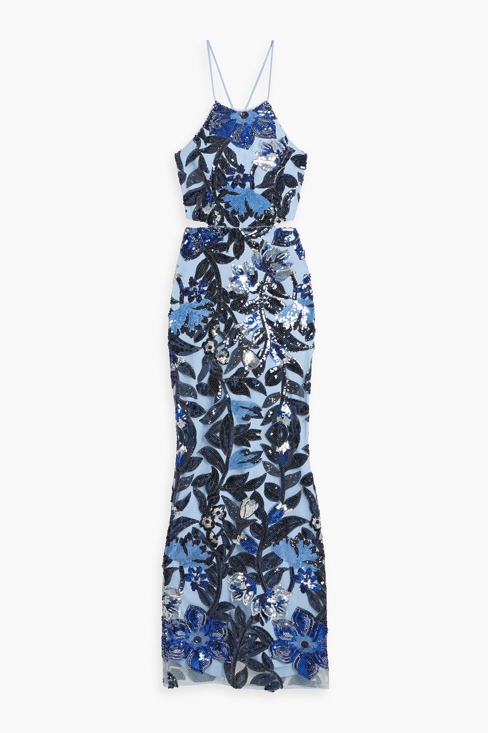 Marchesa Notte Cutout Sequined Tulle Halterneck Maxi Dress In Light Blue