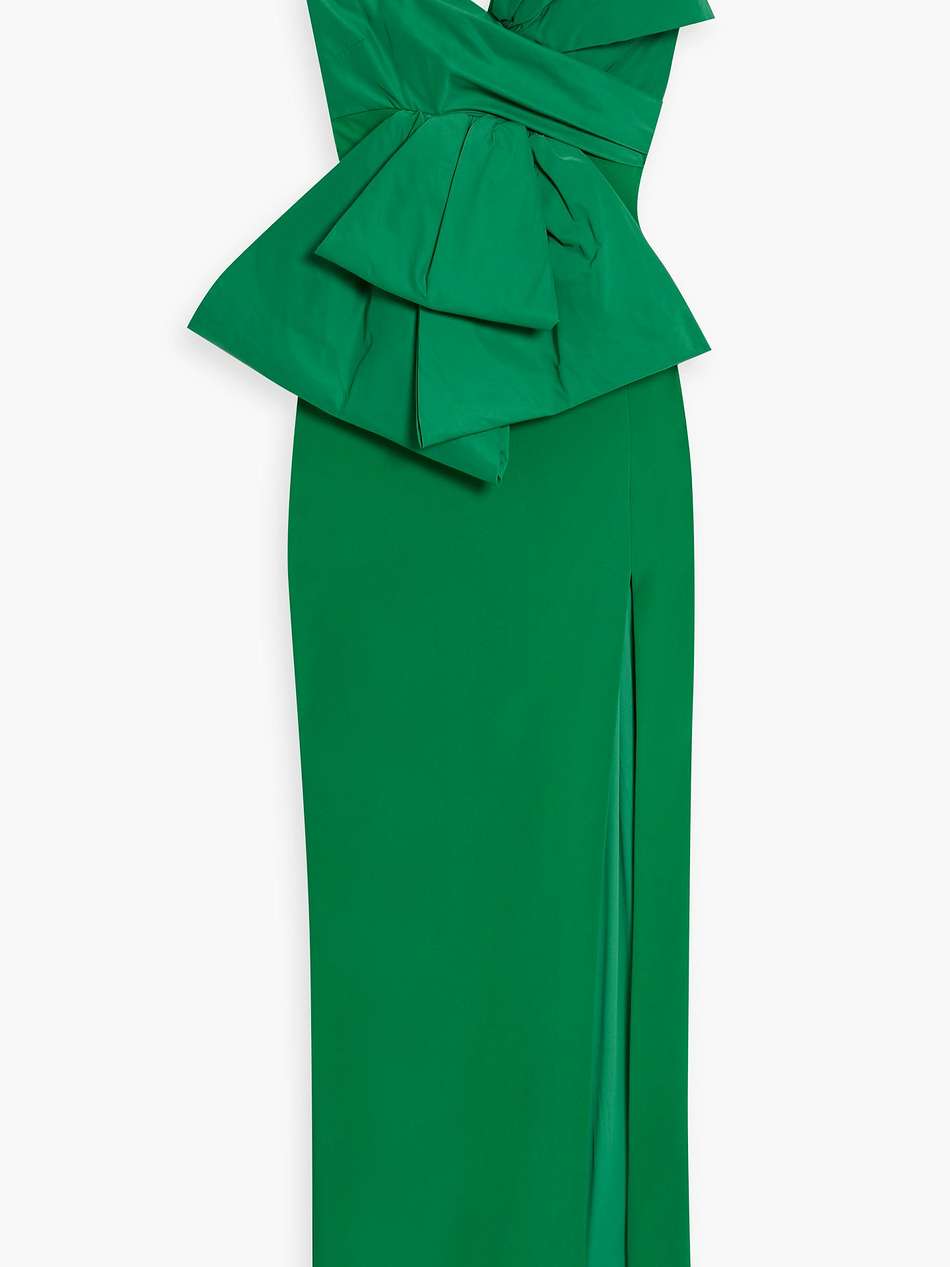 strapless bow-detailed taffeta and crepe gown