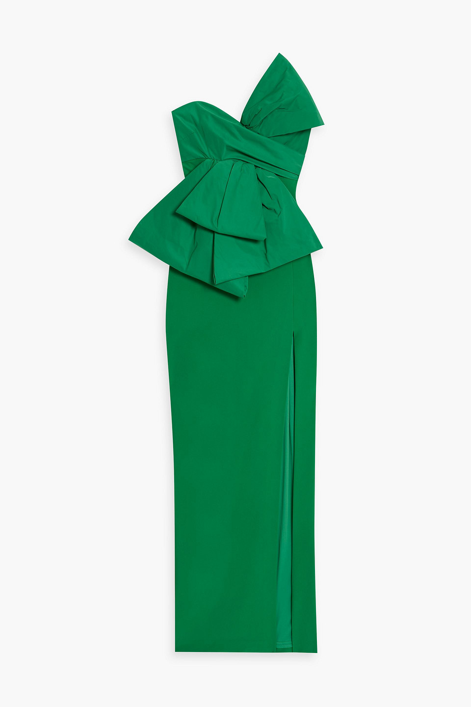 Marchesa Notte Strapless Taffeta-paneled Bow-detailed Crepe Maxi Dress In Green