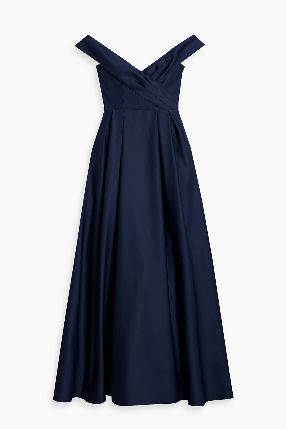 Marchesa Notte Pleated Duchesse-satin Gown In Navy