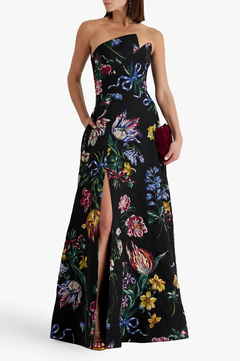 Marchesa Notte Strapless Brocade Gown In Black