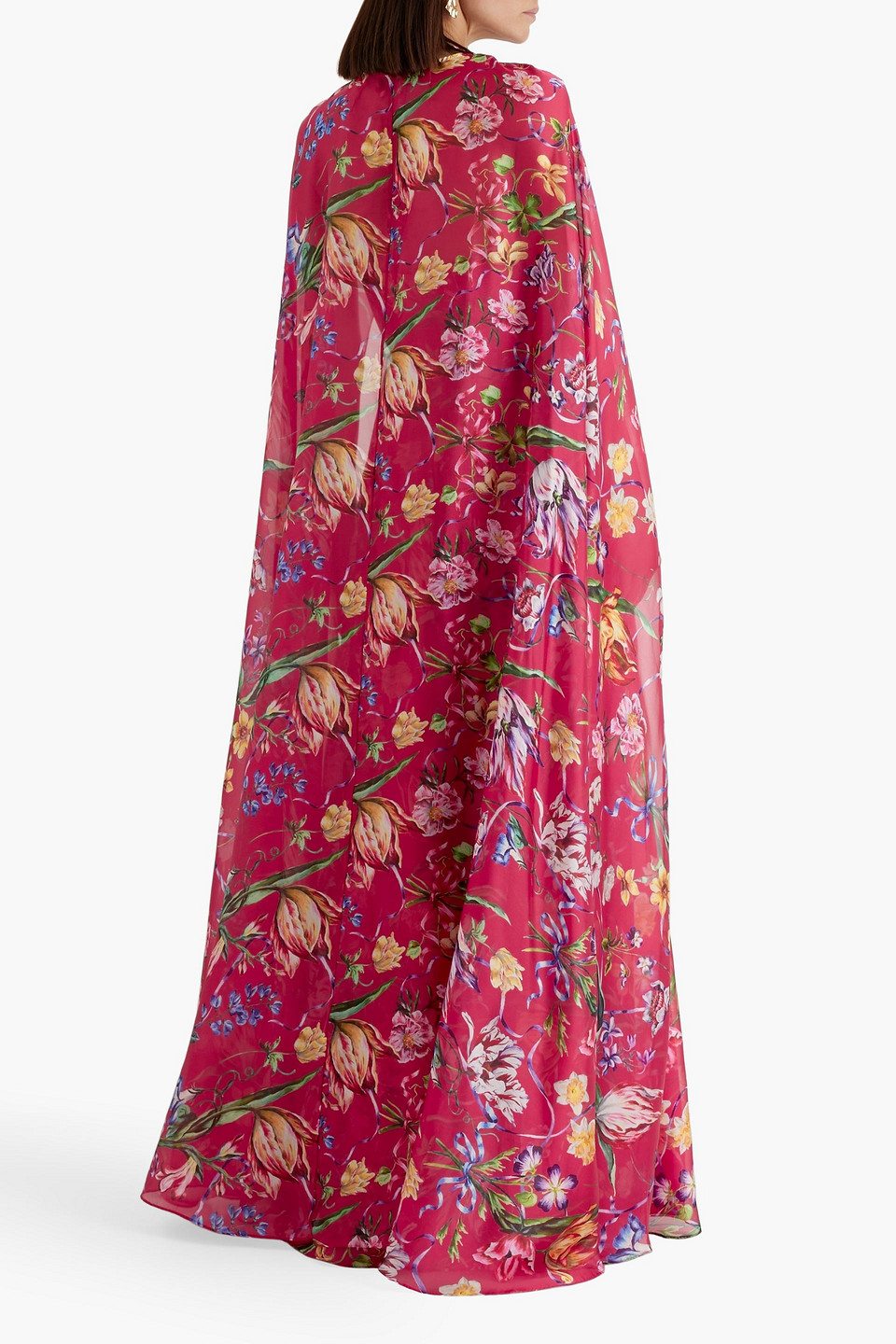 MARCHESA NOTTE CAPE-EFFECT FLORAL-PRINT CHARMEUSE GOWN