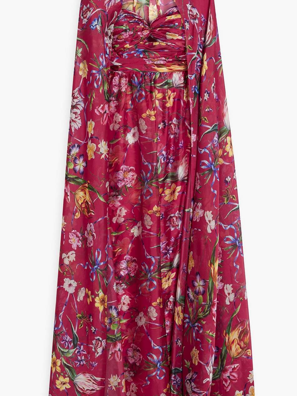 cape-effect floral-print charmeuse gown