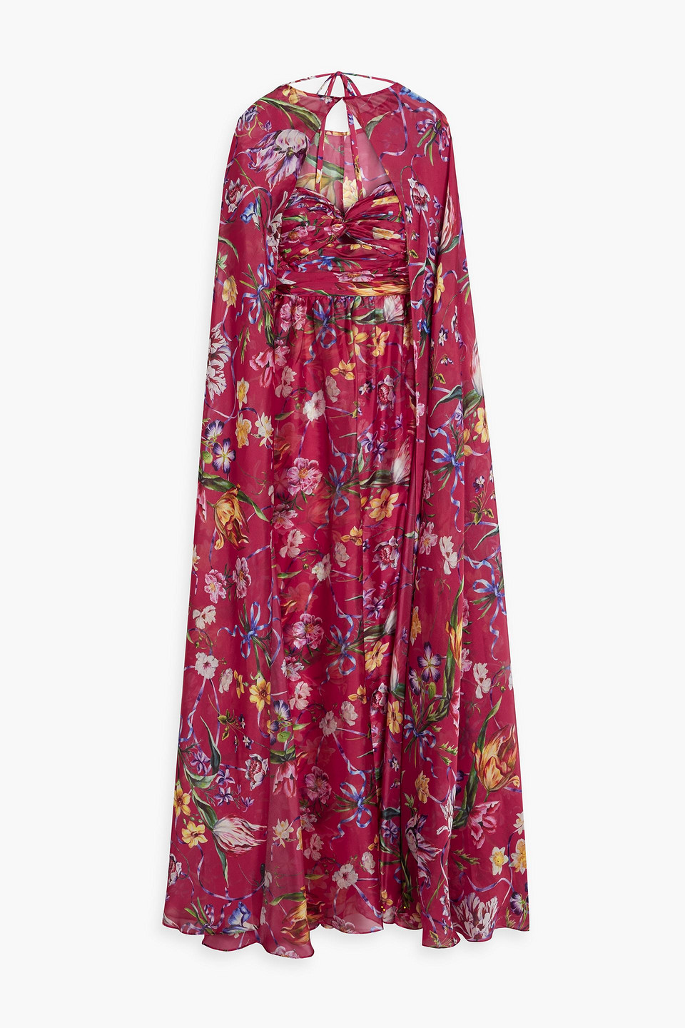 MARCHESA NOTTE CAPE-EFFECT FLORAL-PRINT CHARMEUSE GOWN