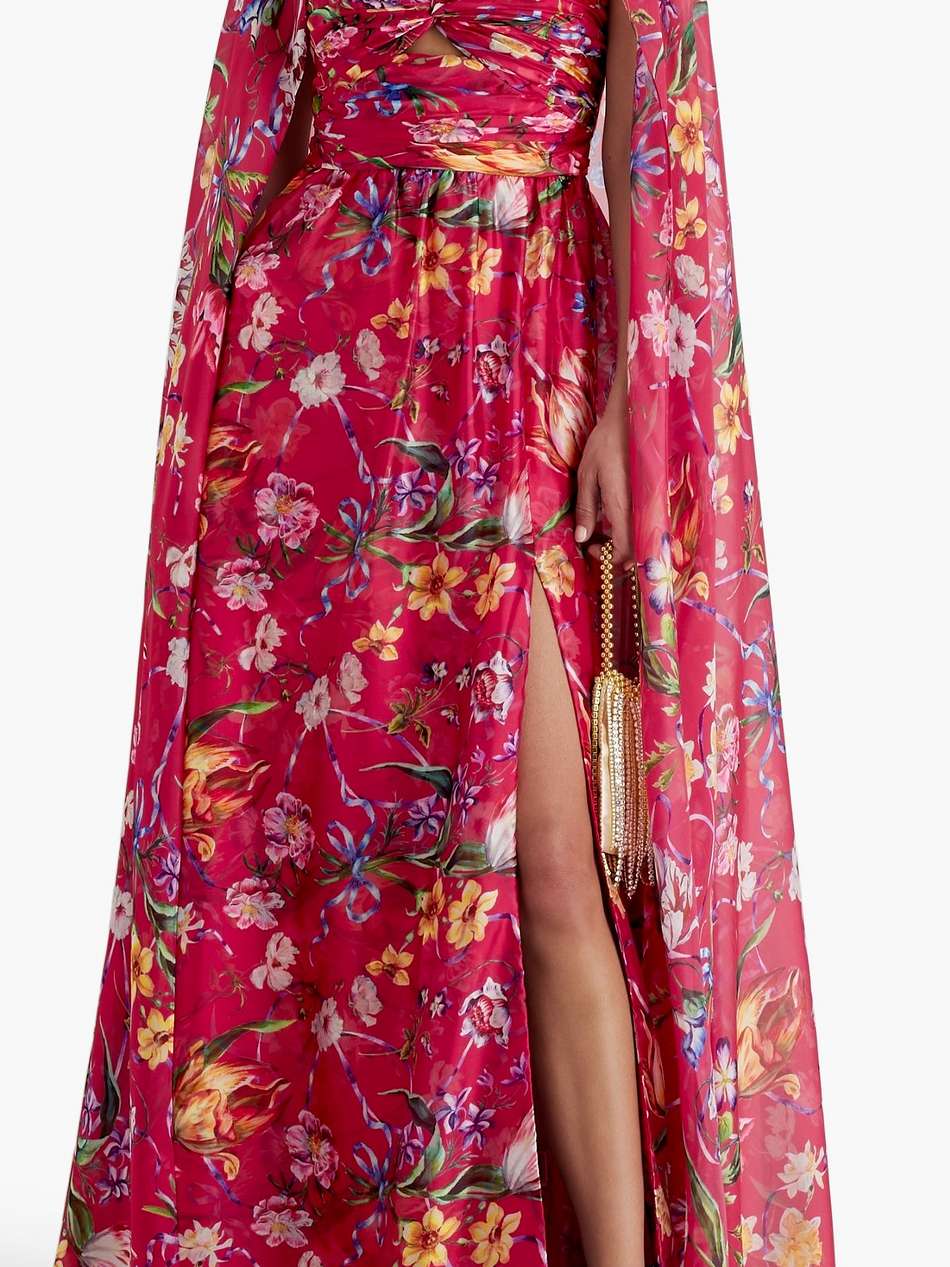 cape-effect floral-print charmeuse gown