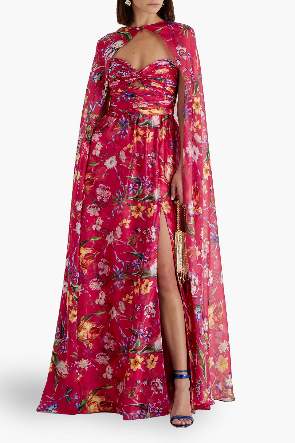 MARCHESA NOTTE CAPE-EFFECT FLORAL-PRINT CHARMEUSE GOWN