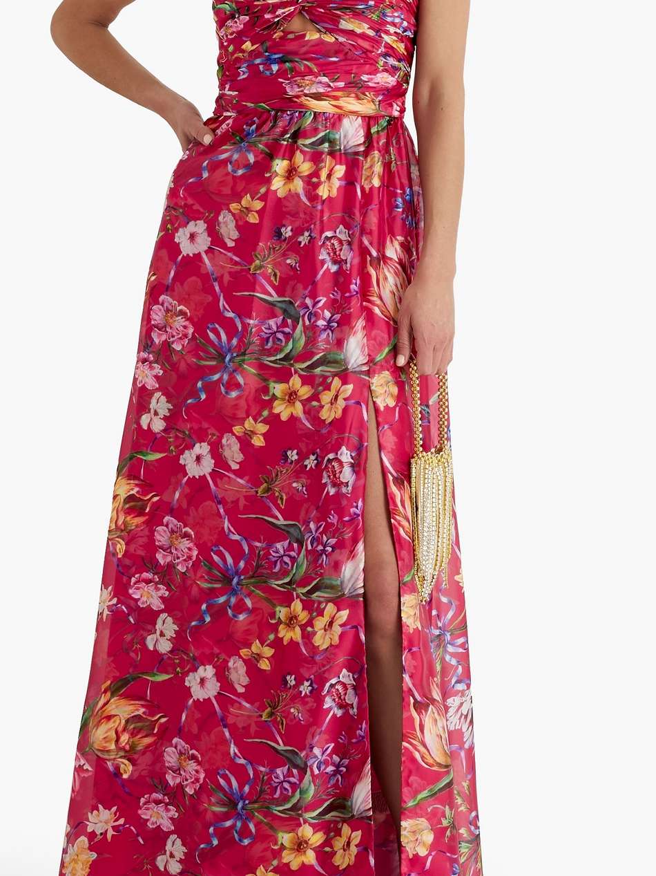 cape-effect floral-print charmeuse gown