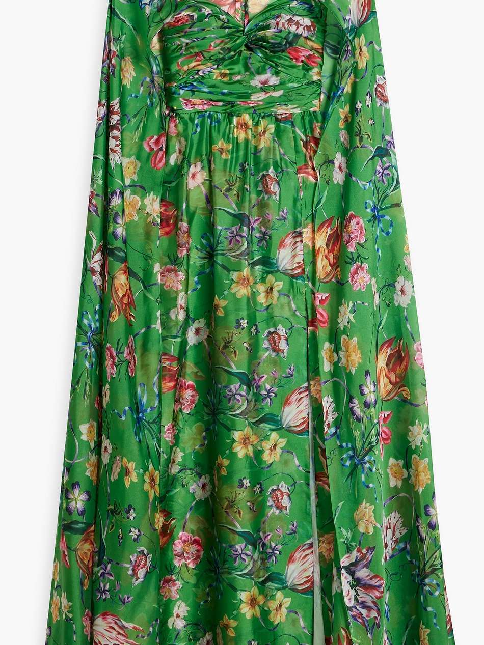 cape-effect floral-print charmeuse gown