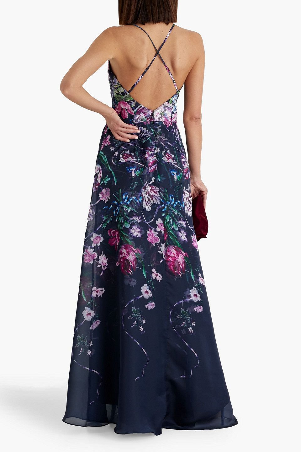 Shop Marchesa Notte Chiffon-paneled Embroidered Floral-print Charmeuse Gown In Navy