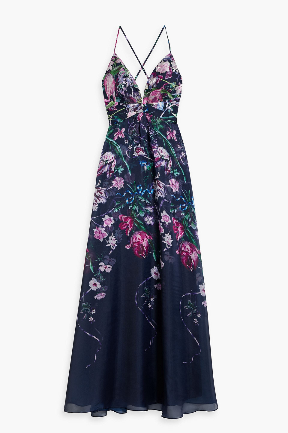 Shop Marchesa Notte Chiffon-paneled Embroidered Floral-print Charmeuse Gown In Navy