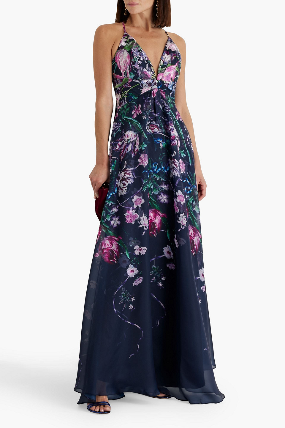 Shop Marchesa Notte Chiffon-paneled Embroidered Floral-print Charmeuse Gown In Navy