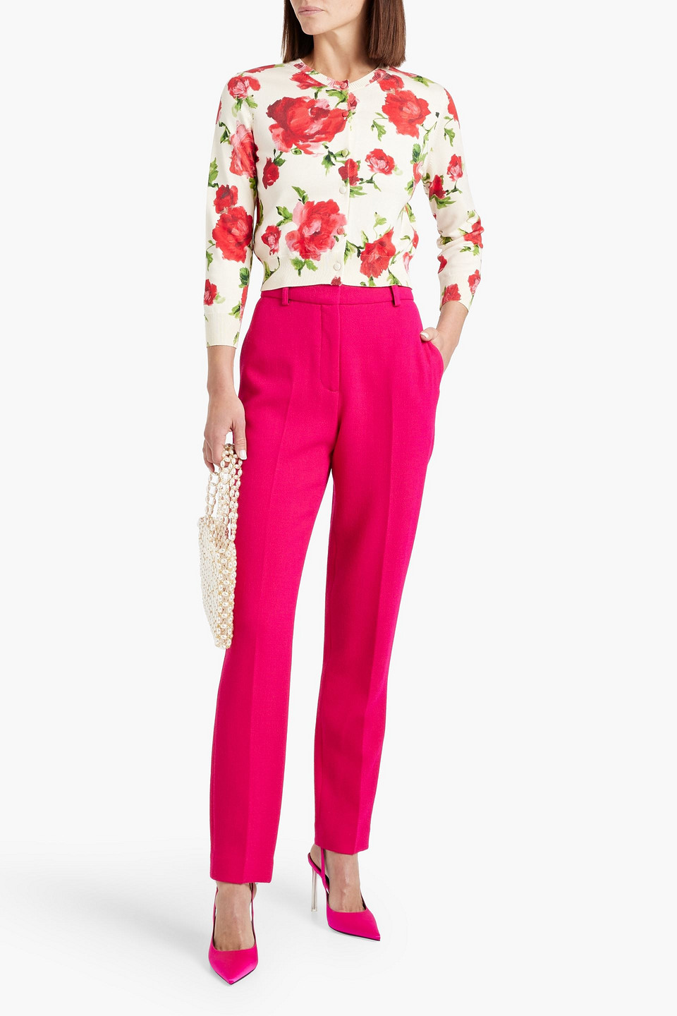 Shop Carolina Herrera Floral-print Silk And Cotton-blend Cardigan In Red