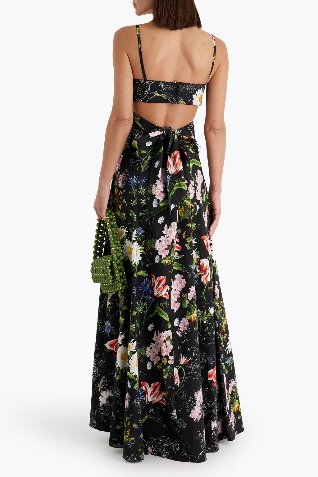 OSCAR DE LA RENTA فستان طويل مزين بربطة على شكل فراشة من البوبلين المصنوع من مزيج من القطن ومزين بطبعة الأزهار