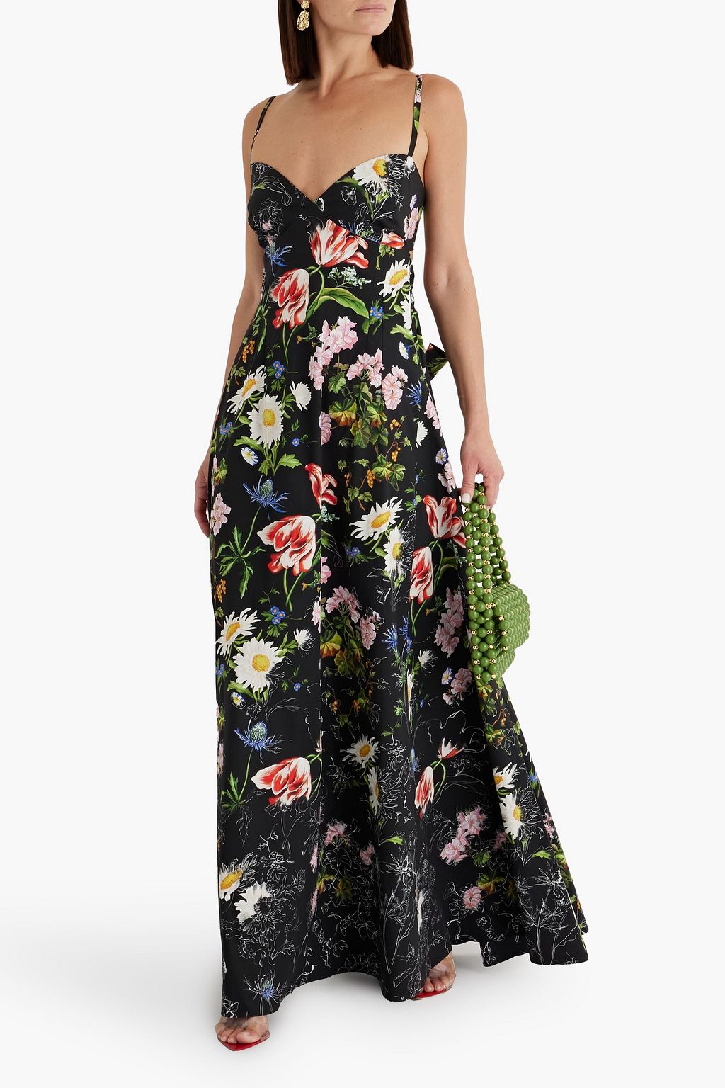 OSCAR DE LA RENTA فستان طويل مزين بربطة على شكل فراشة من البوبلين المصنوع من مزيج من القطن ومزين بطبعة الأزهار