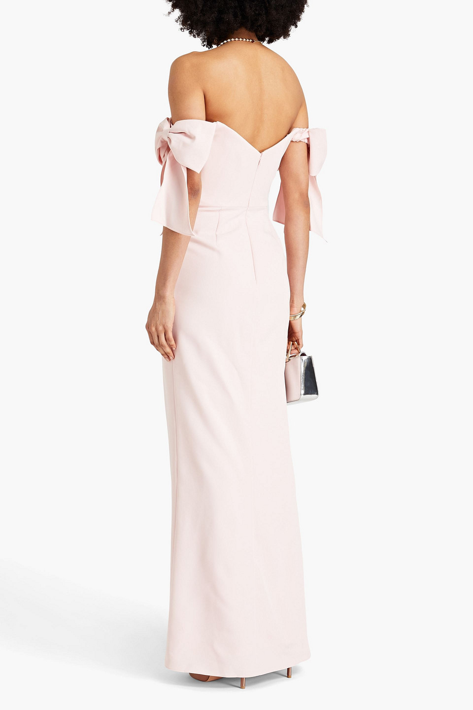 Marchesa Notte Off-the-shoulder Bow-embellished Crepe Gown In Pastel Pink