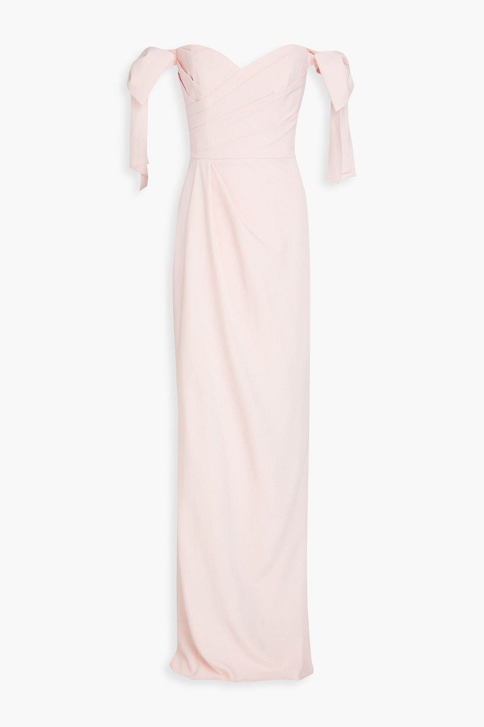Marchesa Notte Off-the-shoulder Bow-embellished Crepe Gown In Pastel Pink