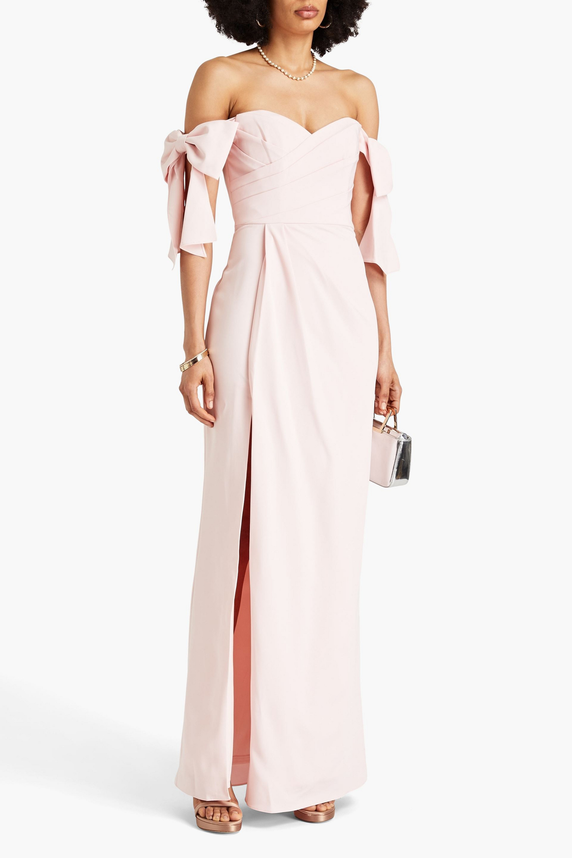 MARCHESA NOTTE Off-the-shoulder bow-detailed crepe gown
