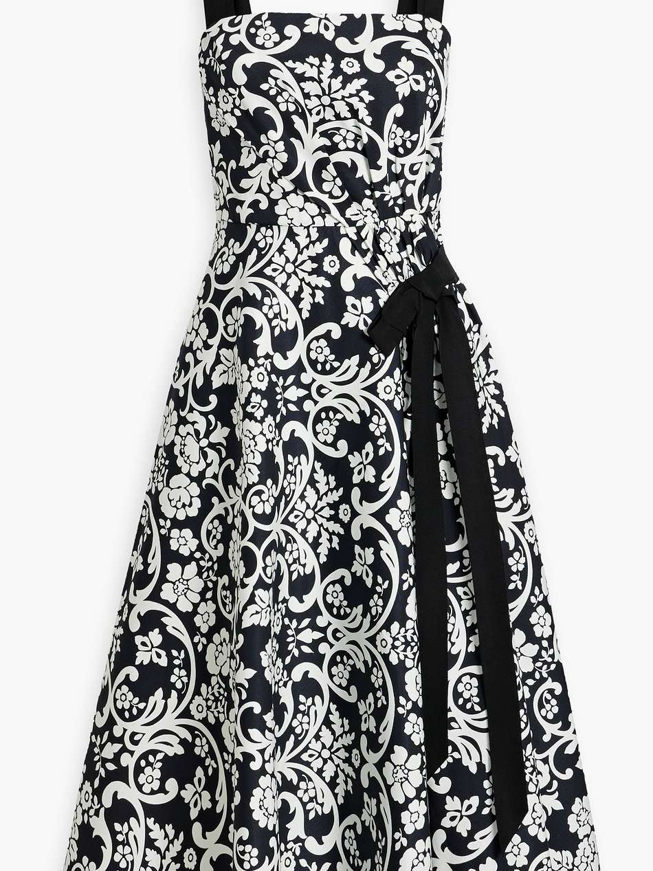 bow-detailed printed twill midi dress