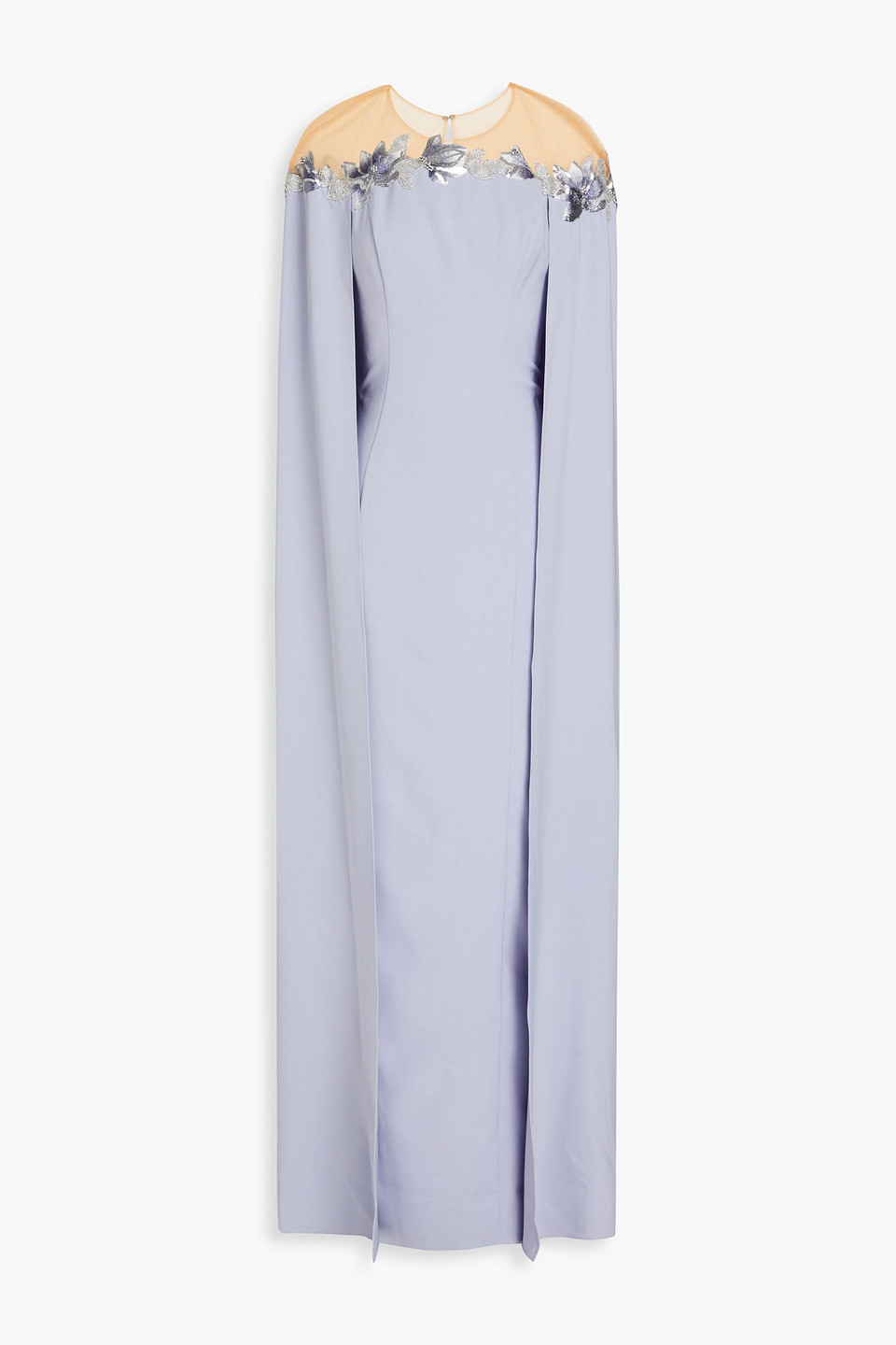 Marchesa Notte Cape-effect Embellished Crepe Gown In Sky Blue
