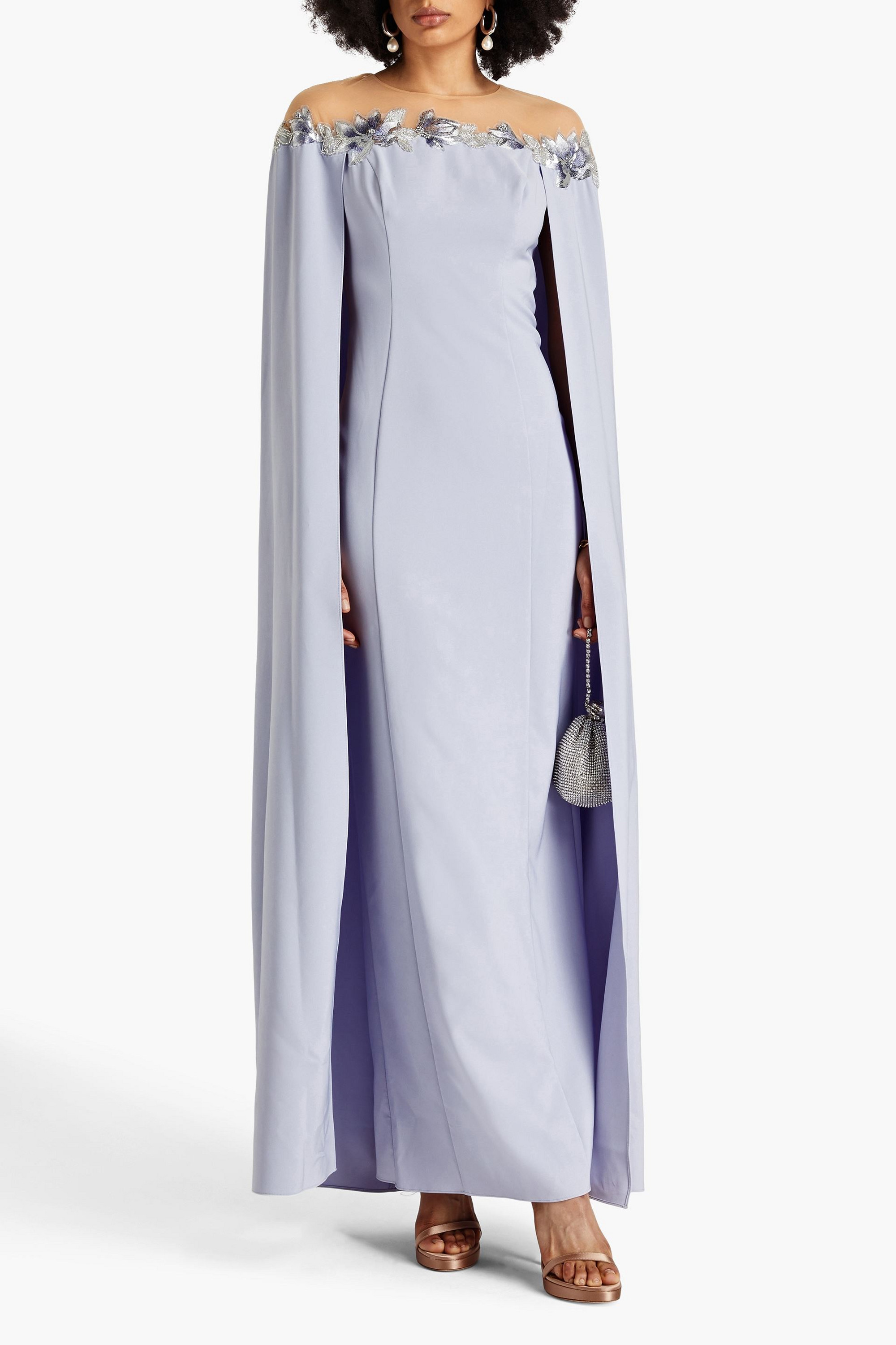 MARCHESA NOTTE Cape-effect embellished crepe gown