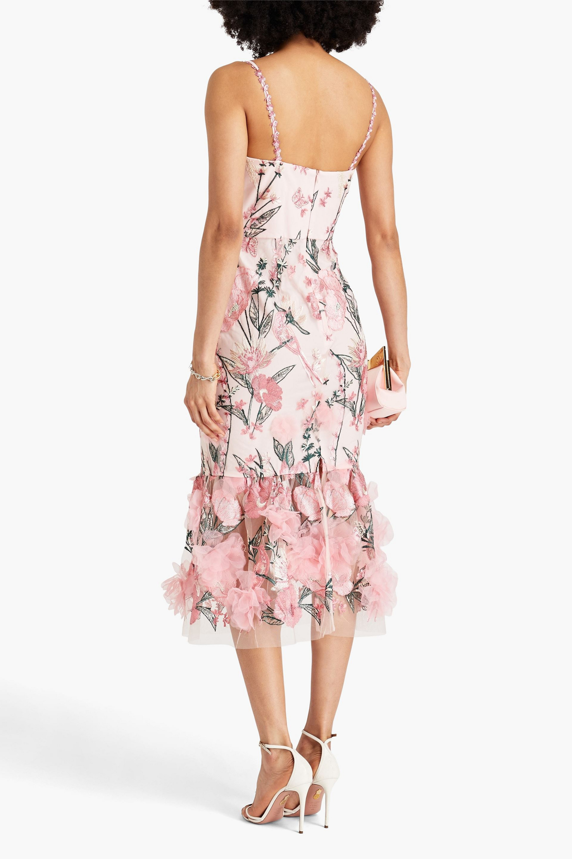 MARCHESA NOTTE Floral-appliquéd embroidered tulle midi dress
