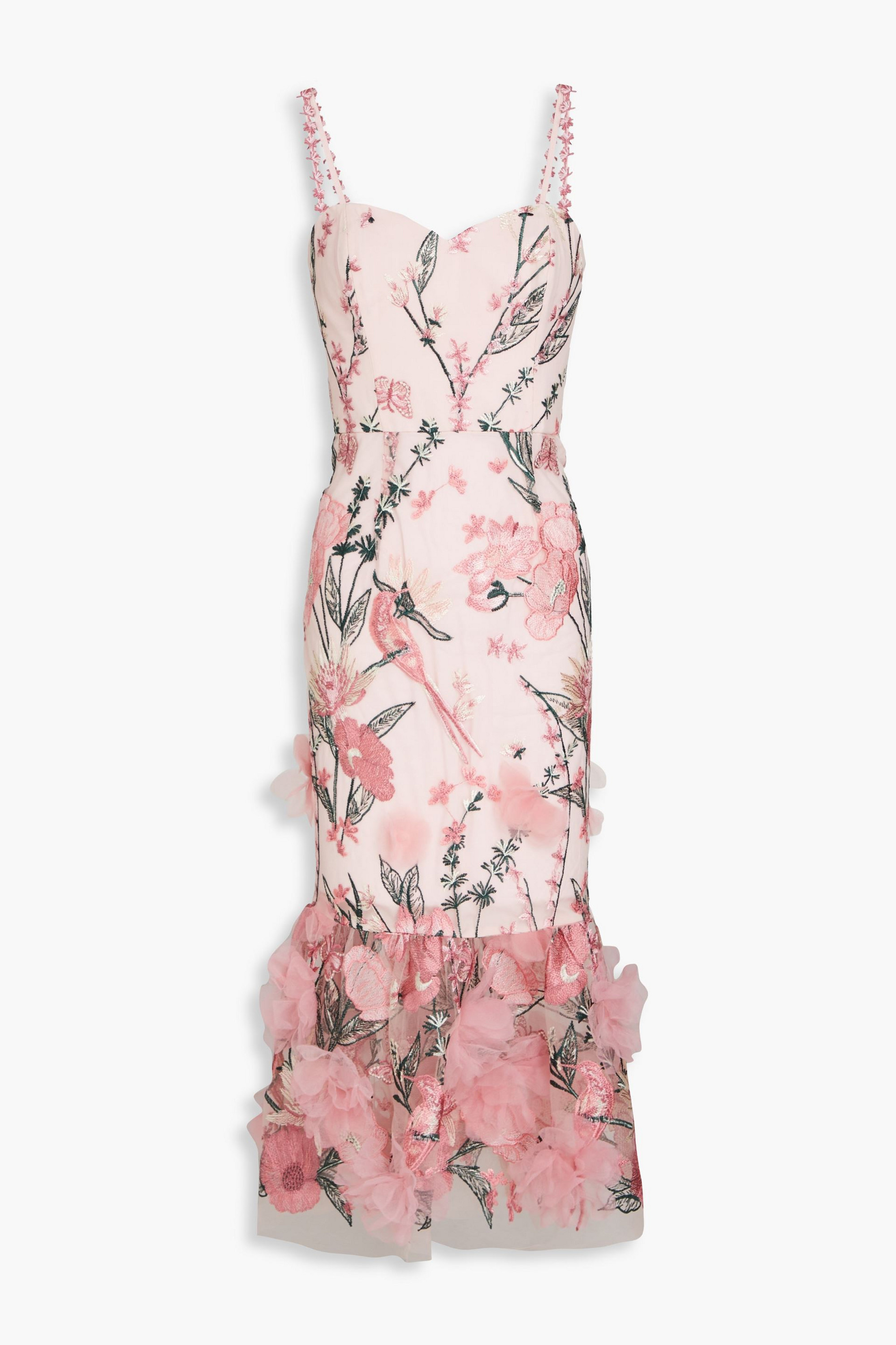 MARCHESA NOTTE Floral-appliquéd embroidered tulle midi dress