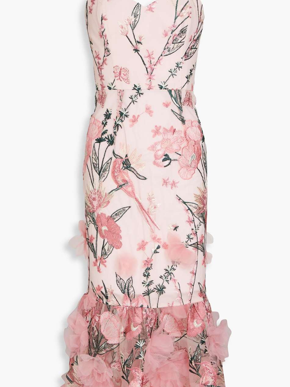 floral-appliquéd embroidered tulle midi dress