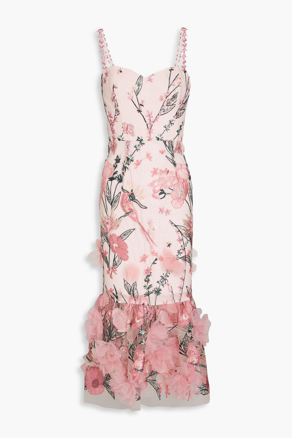 Marchesa Notte Embroidery On Tulle Midi Dress In Pastel Pink