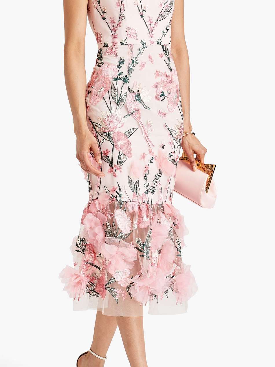 floral-appliquéd embroidered tulle midi dress