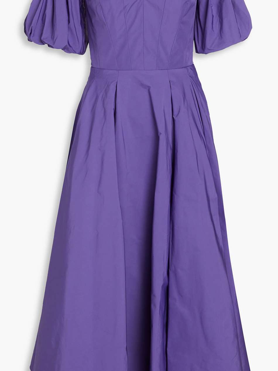 off-the-shoulder pleated taffeta midi dress