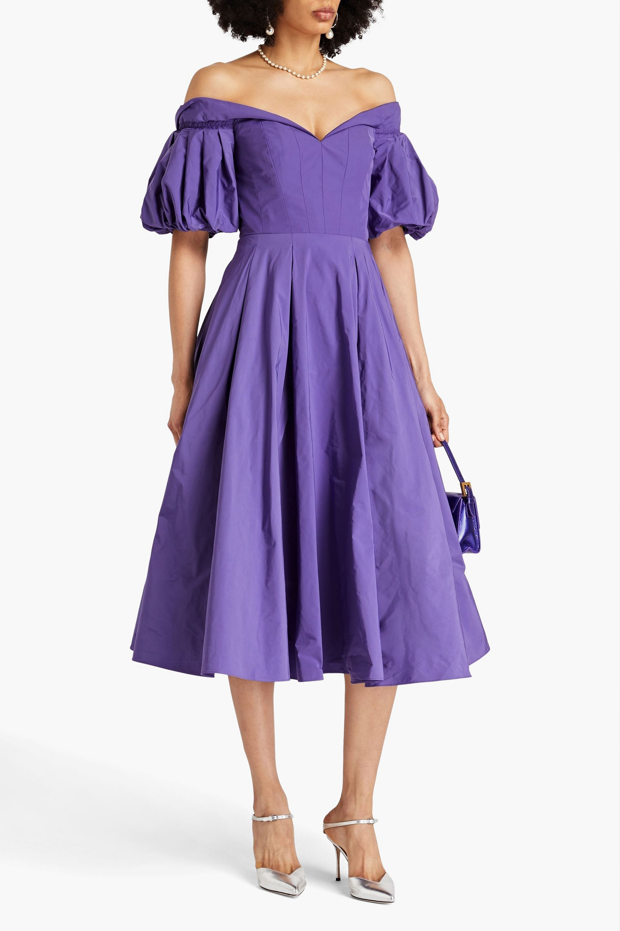 MARCHESA NOTTE Off-the-shoulder pleated taffeta midi dress