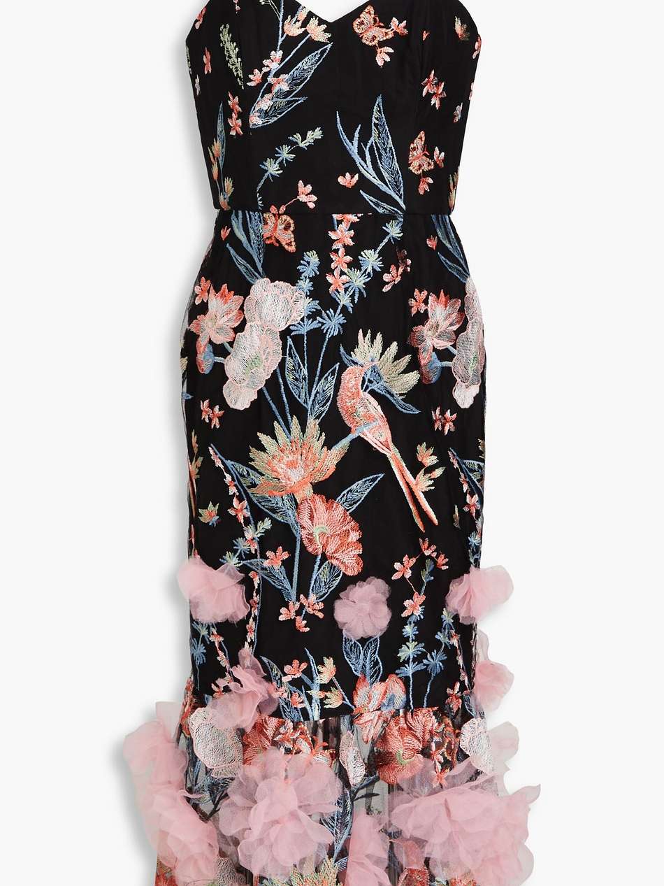 floral-appliquéd embroidered tulle midi dress