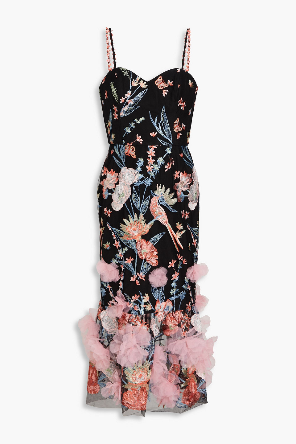Marchesa Notte Embroidery On Tulle Midi Dress In Black Multi