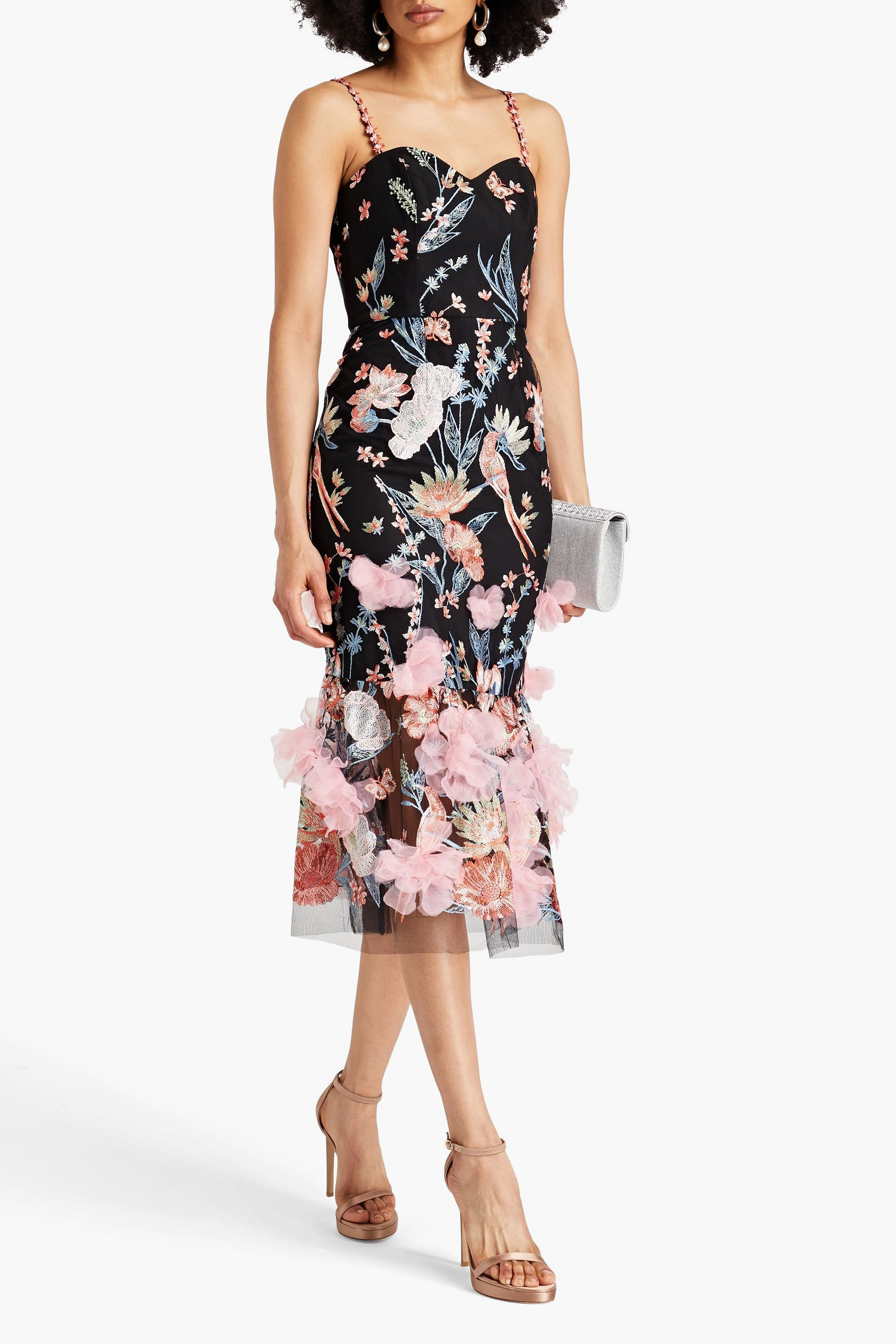 MARCHESA NOTTE Floral-appliquéd embroidered tulle midi dress