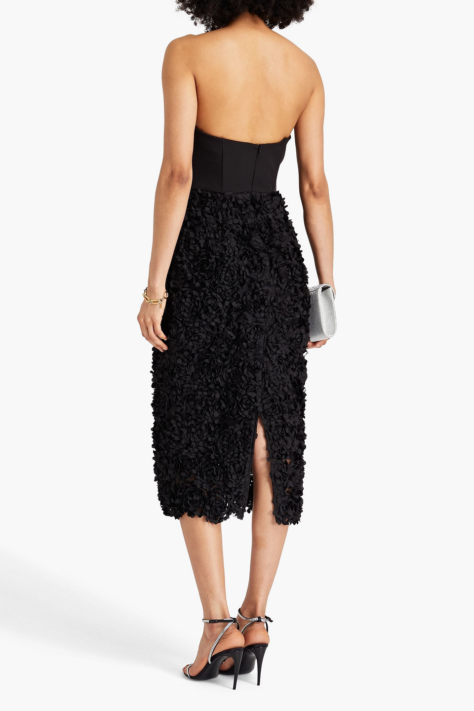 MARCHESA NOTTE STRAPLESS FLORAL-APPLIQUÉD CREPE MIDI DRESS