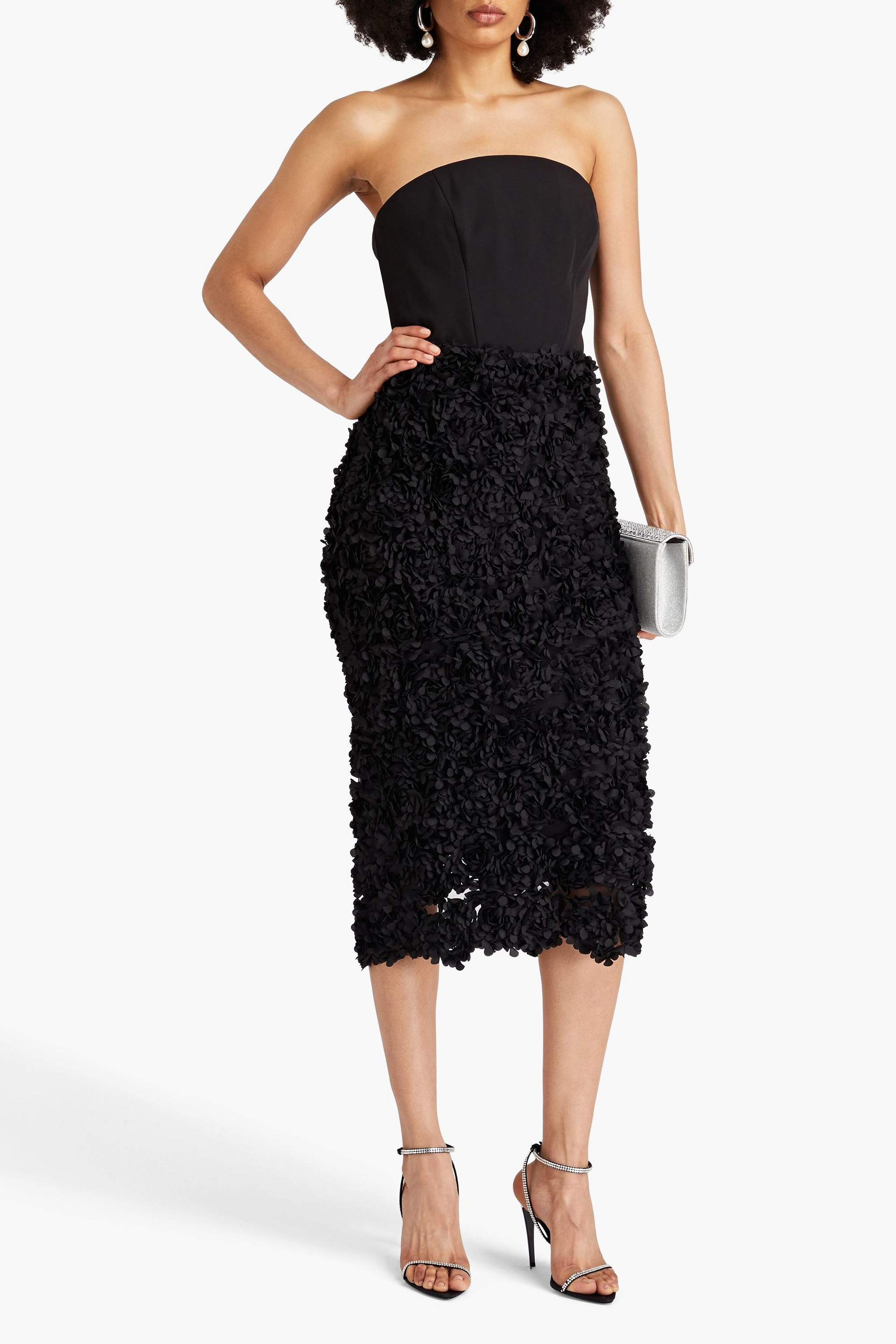 MARCHESA NOTTE Strapless floral-appliquéd crepe midi dress