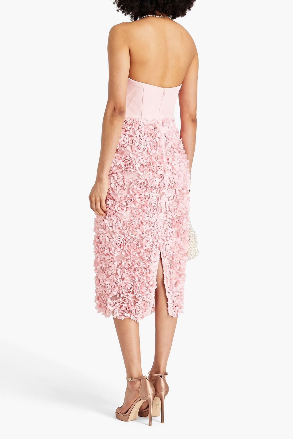 MARCHESA NOTTE クレープ ミディワンピース ストラップレス フローラルアップリケ付き