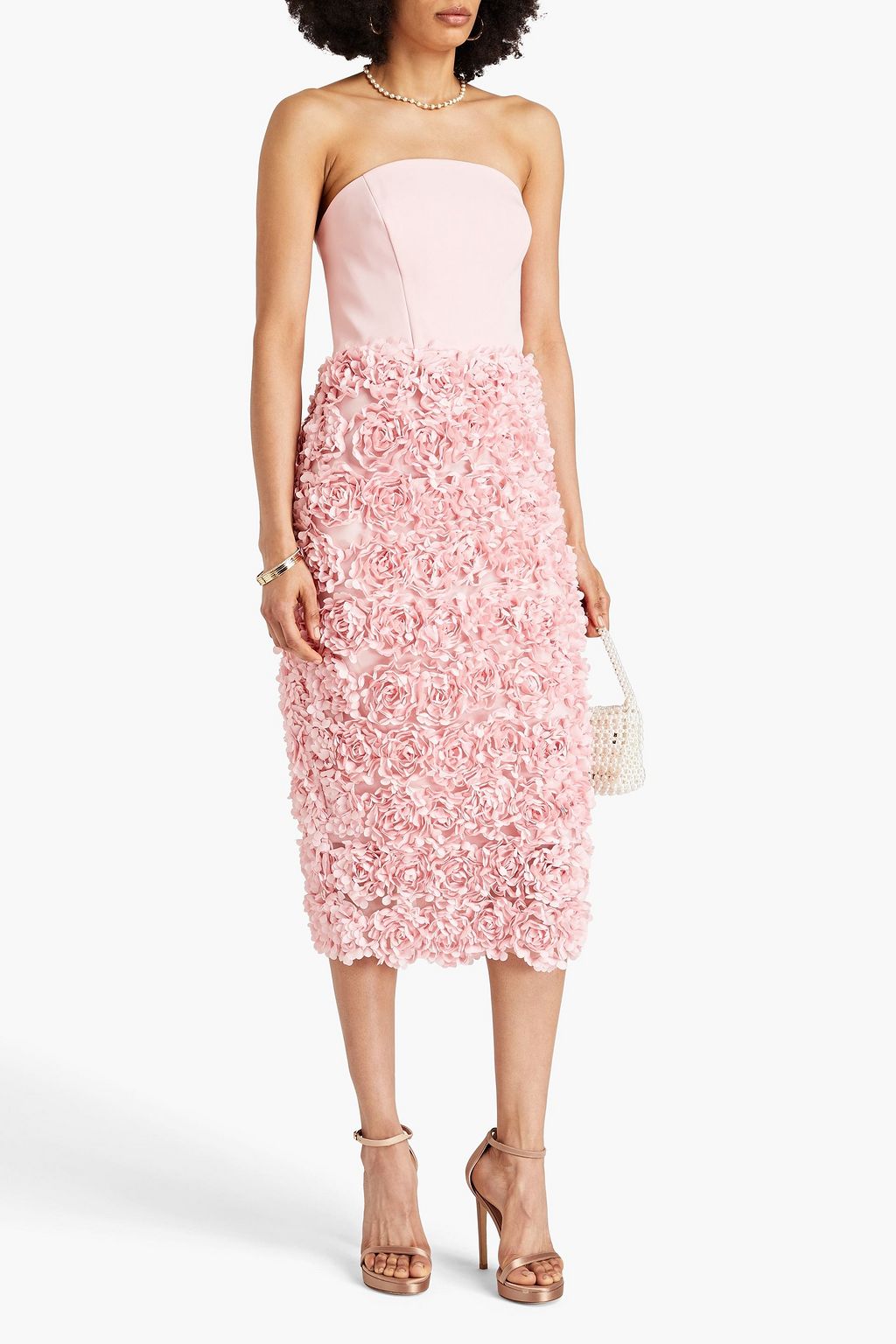 MARCHESA NOTTE クレープ ミディワンピース ストラップレス フローラルアップリケ付き