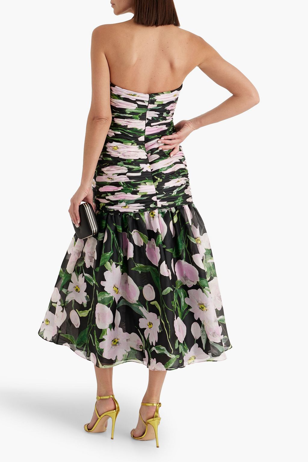 CAROLINA HERRERA Strapless ruched floral-print silk-chiffon midi dress